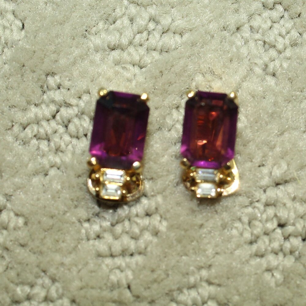 Vtg Christian Dior Simulated Amethyst Rhinestone Clip On Earrings 1980s Signed - Picture 1 of 6